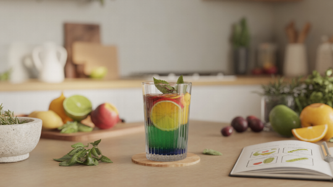 In a modern and inviting kitchen, a vibrant glass of the Ozzi Crave Crusher drink.